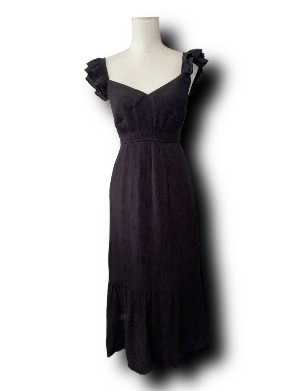 Black Flutter Sleeve Crinkle Rayon Tiered Midi Dress Cottagecore Whimsigoth Fall